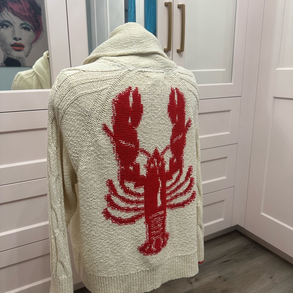 Anthropology lobster off white cotton cardigan. Red accent. 1X. New condition.